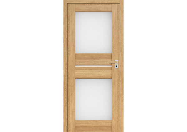 Tölgy ajtó 2 tejüvegablakkal és inox kilinccsel.