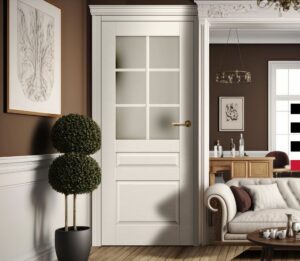 Erkado Peonia ajtó cappuccino színben, koronával és pilaszterrel, klasszikus nappaliban, elegáns dizájn