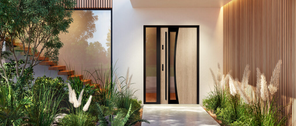 Modern Erkado kültéri bejárati ajtó tölgy és fekete üveg kombinációjával, üvegbetétekkel egy modern stílusú ház bejáratánál.