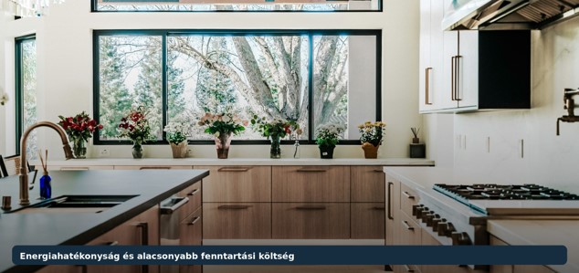 Modern konyha nagy, fekete keretes ablakokkal, amelyek sok természetes fényt engednek be, és hozzájárulnak az otthon energiahatékonyságához.
