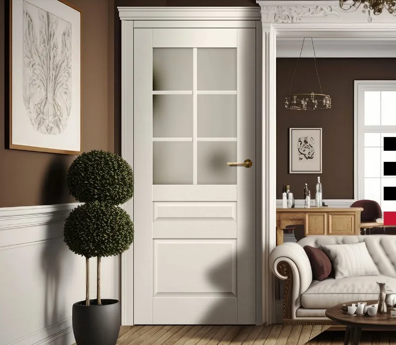 Erkado Peonia ajtó cappuccino színben, koronával és pilaszterrel, klasszikus nappaliban, elegáns dizájn