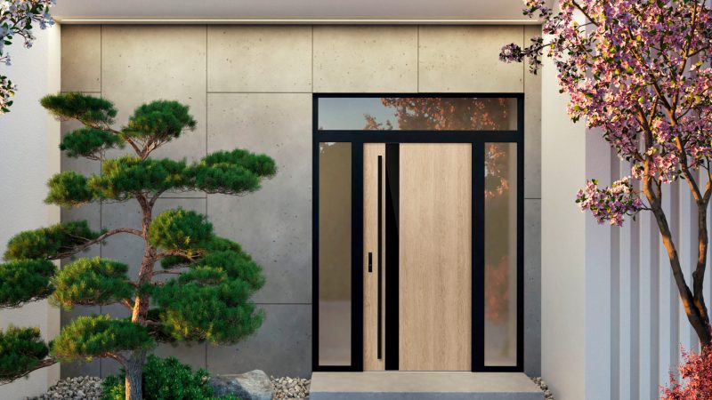 Windoza Erkado Horn 4 acél ajtó fekete tolópajzzsal, nyers tölgy színben, modern házon japán cseresznyefával