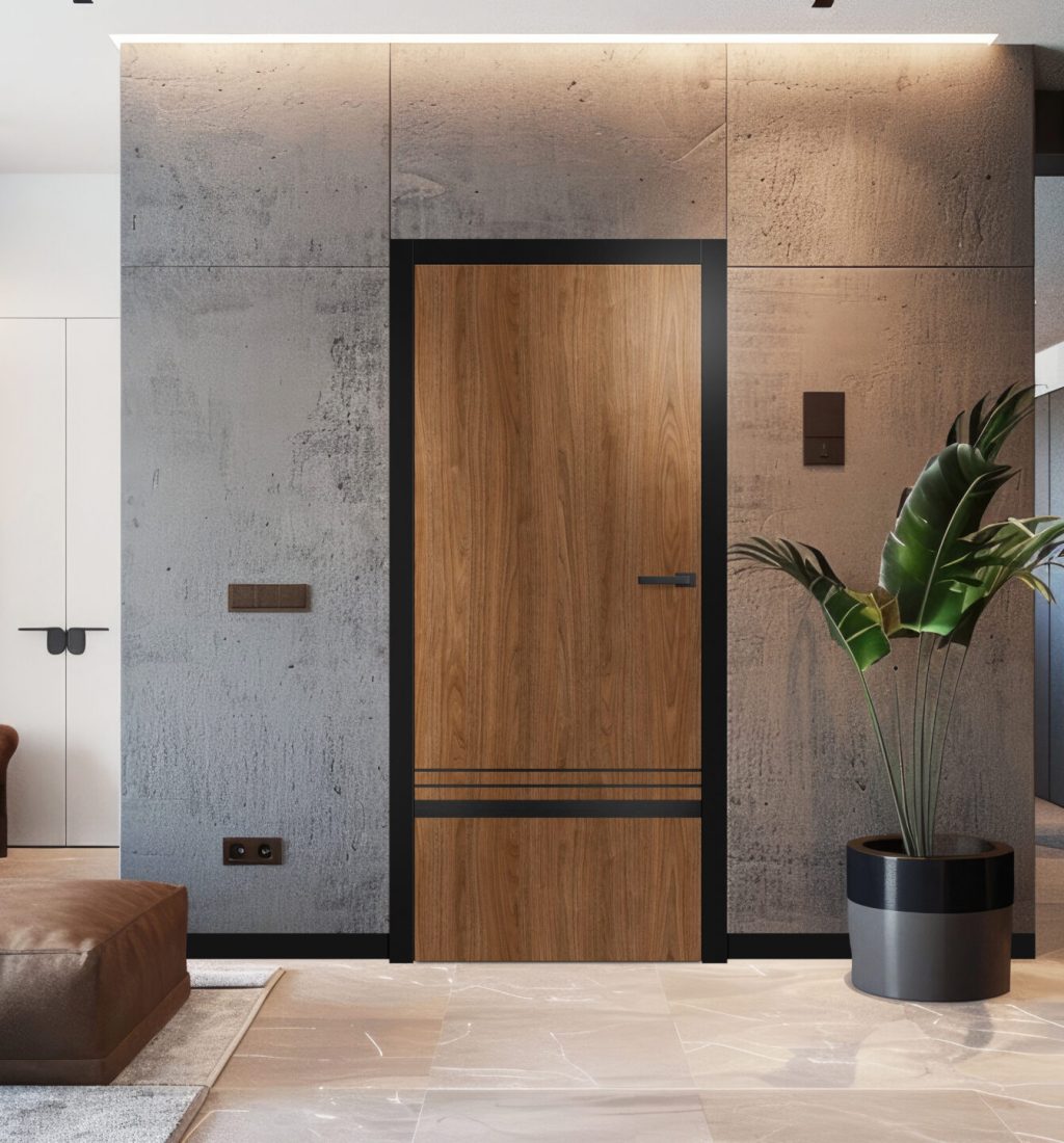 brown wooden door in contemporary apartment interior --ar 16:9 Job ID: 0ba41088-b797-4886-ac1d-c2a276d61f59